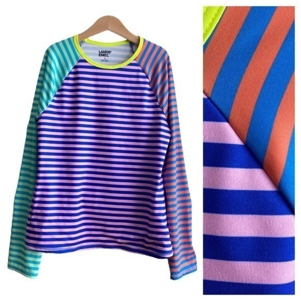 Lands’ End Pink Blue Orange Green Colorful Stripe Colorblock UPF Swim Rashguard